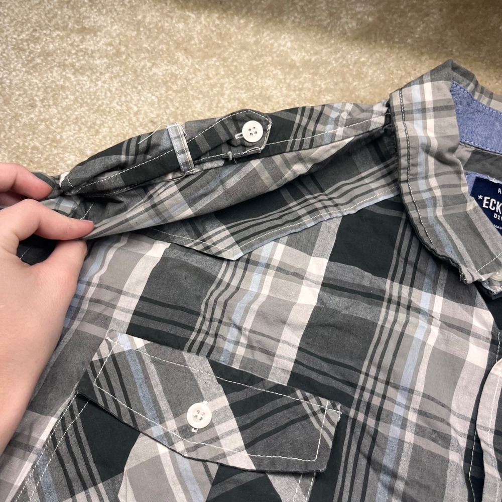 Ecko Unltd Mens 4XL Plaid Button Down Shirt Grey Black Long Sleeve Back Logo Y2K - Picture 7 of 9